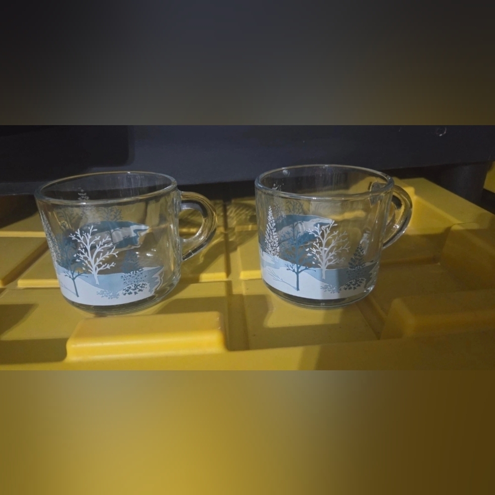 Anchor Hocking Clear Glass Blue White Winter Tree Christmas Mugs - Set Of 2